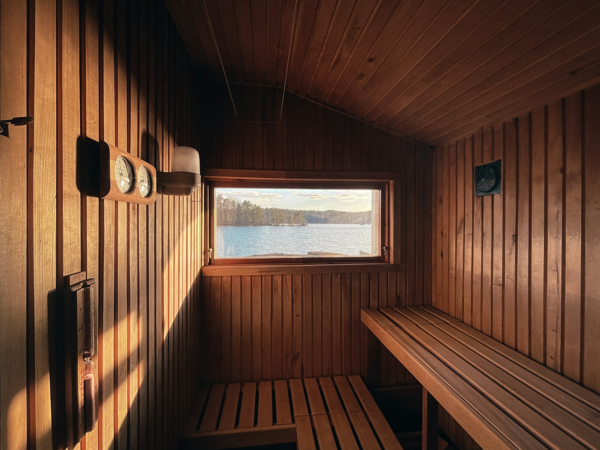 Warm wooden sauna with natural light